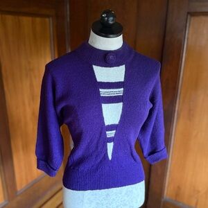 Vintage 1950s 50s Pullover Knit Sweater Top, Dolan Sleeves, Purple White Angora
